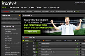 Die Webseite von Ironbet mit der Sportwetten-Auswahl